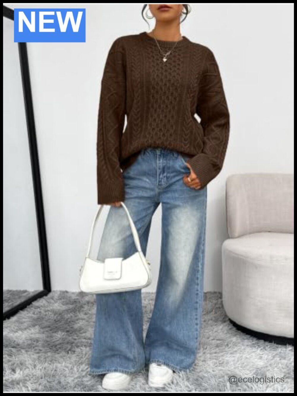 Oversized Cable Knit Sweater Women Crewneck Pullover Fall Fashion - Picture 5 of 5